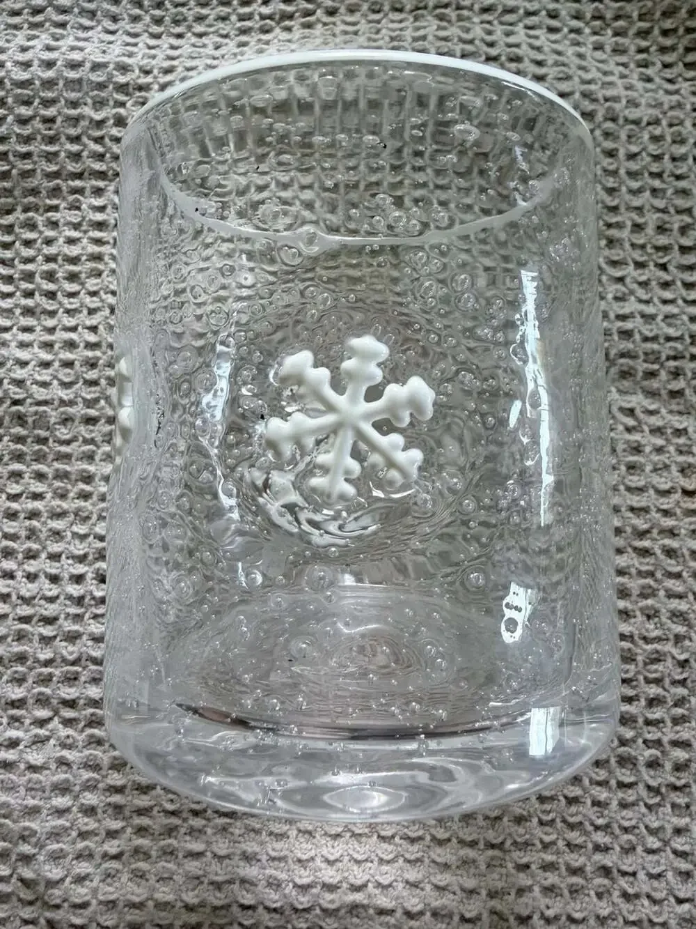 Frosty Snowflakes Clear Bubble Glass Candle Holder Votive or Tumbler